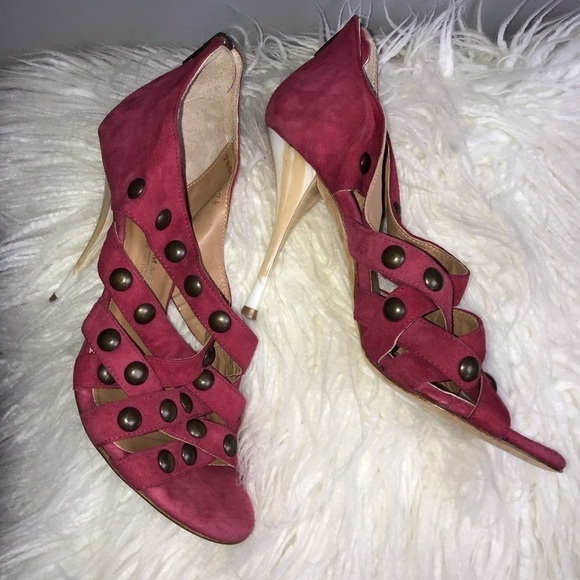 Latitude Femme Leather & Suede Studded High Heel Sandals – Burgundy – Size 7. - Picture 2 of 8
